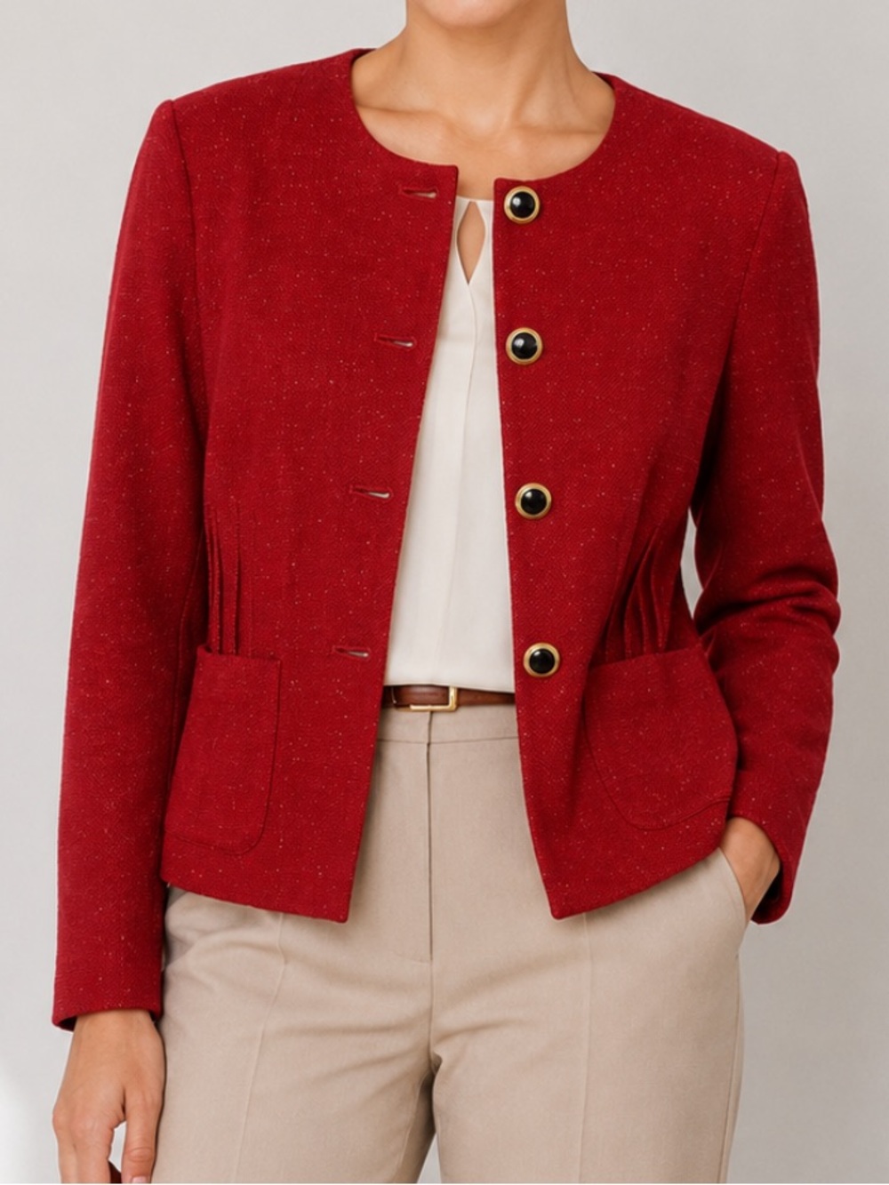 Misook Cardinal Red Button Front Patch Pocket Knit Jacket PM